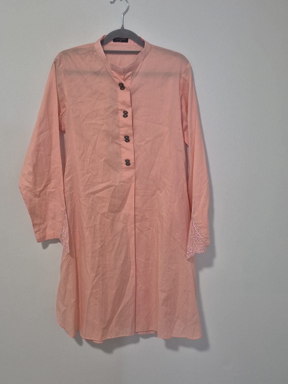 Sapphire Peach Cotton Tunic with Embroidered Cuffs - Size Small